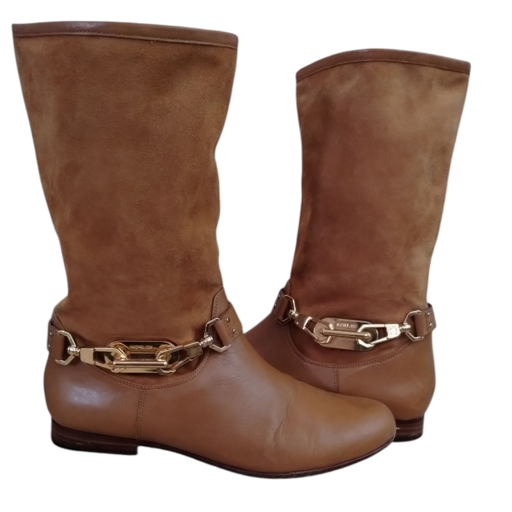 Rachel Zoe Camel Color Leather Women's Boots With Gold Embellishments Size 7 1/2
